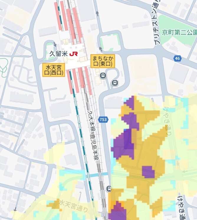 JR久留米駅周辺の浸水ハザードマップ。内水氾濫や冠水リスクを確認するための、自治体提供による水害リスク予測図。