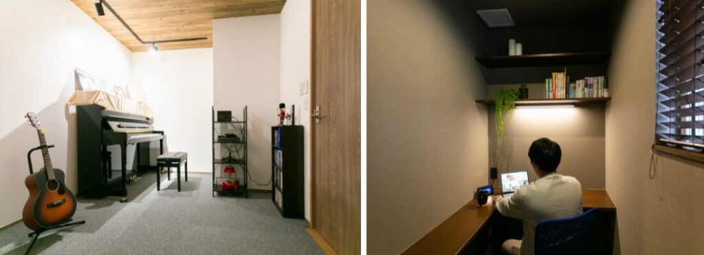 ピアノとギターを備えた、防音性を考慮した音楽室。壁に囲まれた落ち着いた書斎で、デスクに向かう様子