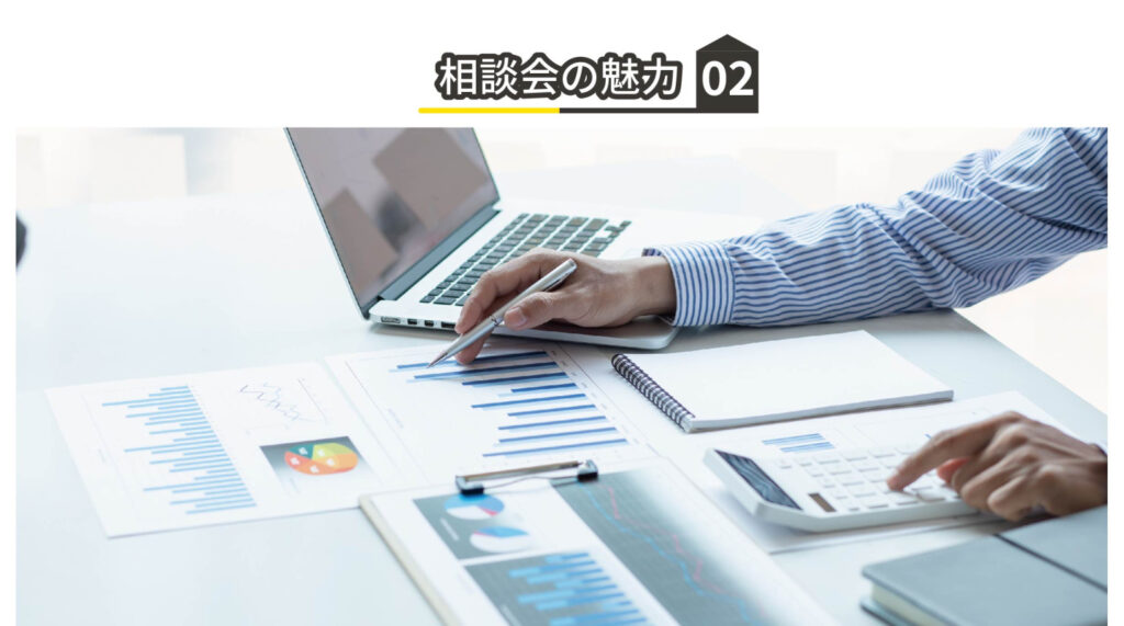 マンションリフォームの資金計画や内容を資料で説明している様子