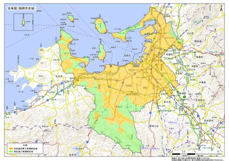 福岡市全域における盛土規制法の規制区域と対象エリアを色分けで示した地図