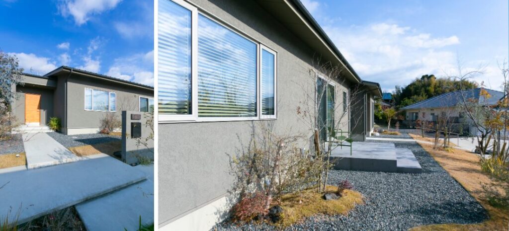 塗り壁と植栽が調和した、平屋住宅のアプローチ。庭とフラットにつながる、平屋住宅の外観とテラス