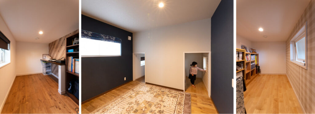 造作棚とカウンターを設けた、落ち着いて集中できる書斎スペース。アクセントクロスで落ち着き感を演出した、ゆったり過ごせる主寝室。主寝室奥に設けた、ご夫婦それぞれのためのコンパクトな書斎空間