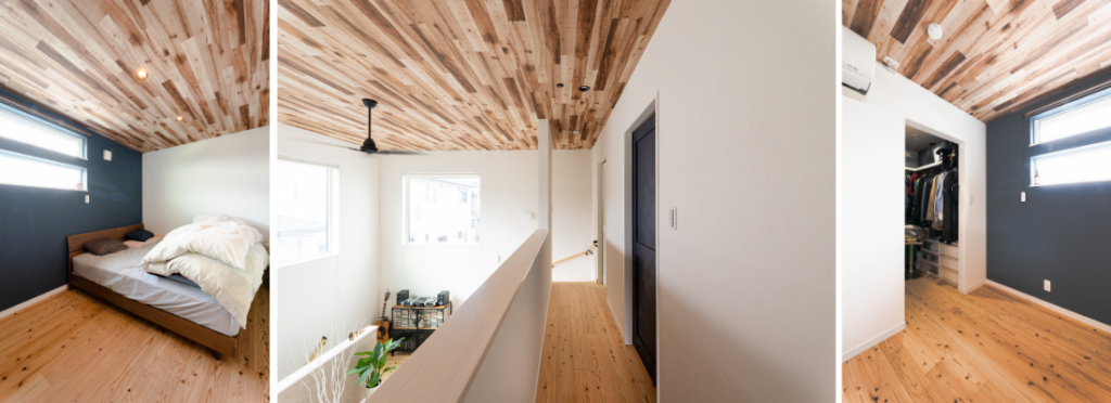 天井に木目をあしらった、落ち着きのある主寝室空間。吹抜けを見下ろす2階廊下、上下階がつながる開放的な設計。木目天井で統一感をもたせた、使い勝手の良いウォークインクローゼット