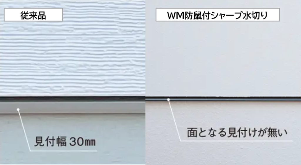 従来品と「WM防鼠付シャープ水切り」の比較。外壁と基礎の段差を消し、一体感を高めるノイズレスな意匠設計。