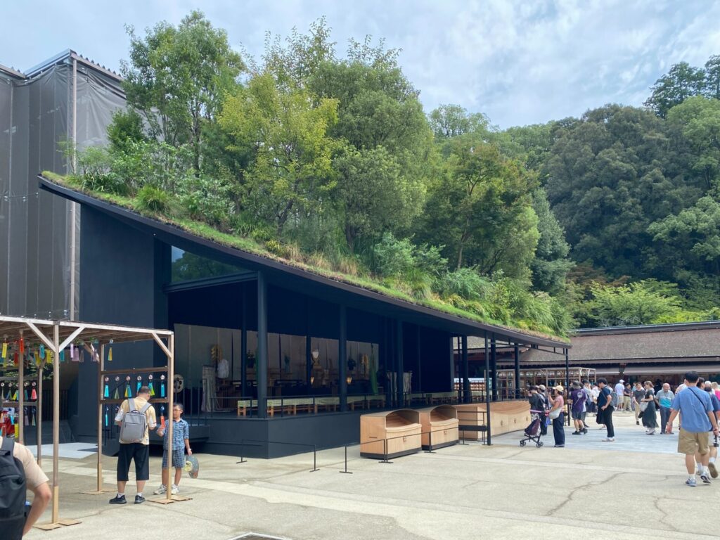 斜めから見た太宰府天満宮・仮殿のダイナミックな屋根の曲線。薄く繊細な構造の屋根から実際の木々が空へと伸びる様子。