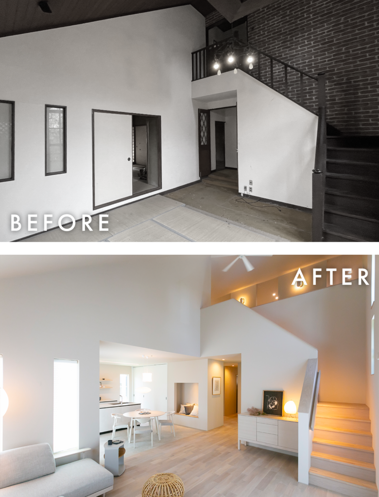 吹き抜けを活かして明るくなった空間のリノベーション前後比較